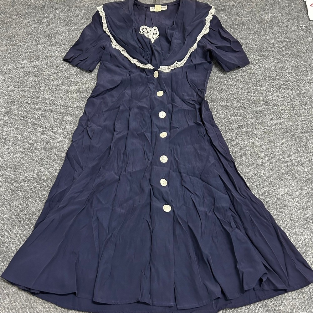 Betsy's Things Dress Womens Size 8 Navy Blue Lace Trim Button Front Vintage USA